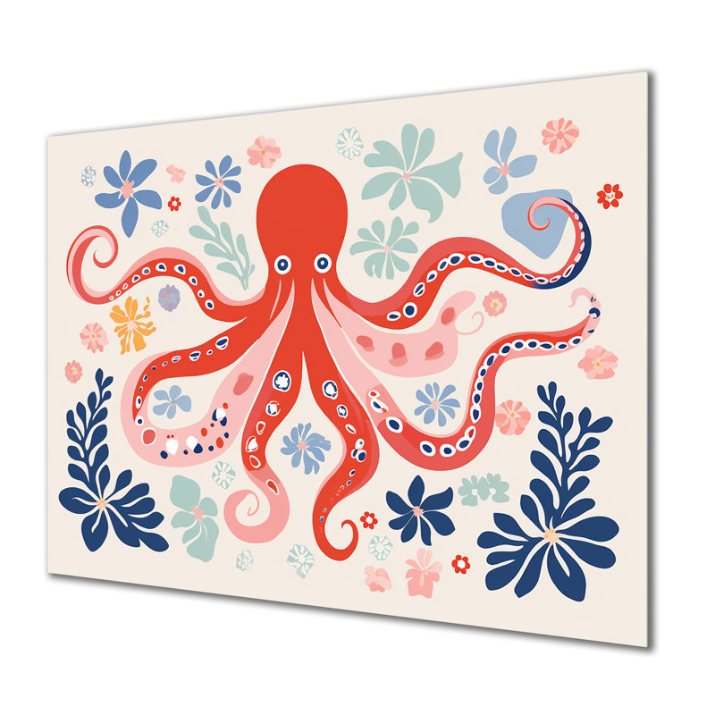 Illustration rétro de la pieuvre rouge océan profond - pieuvre / calmar, Sans cadre, métal, H 12 po x l 20 po