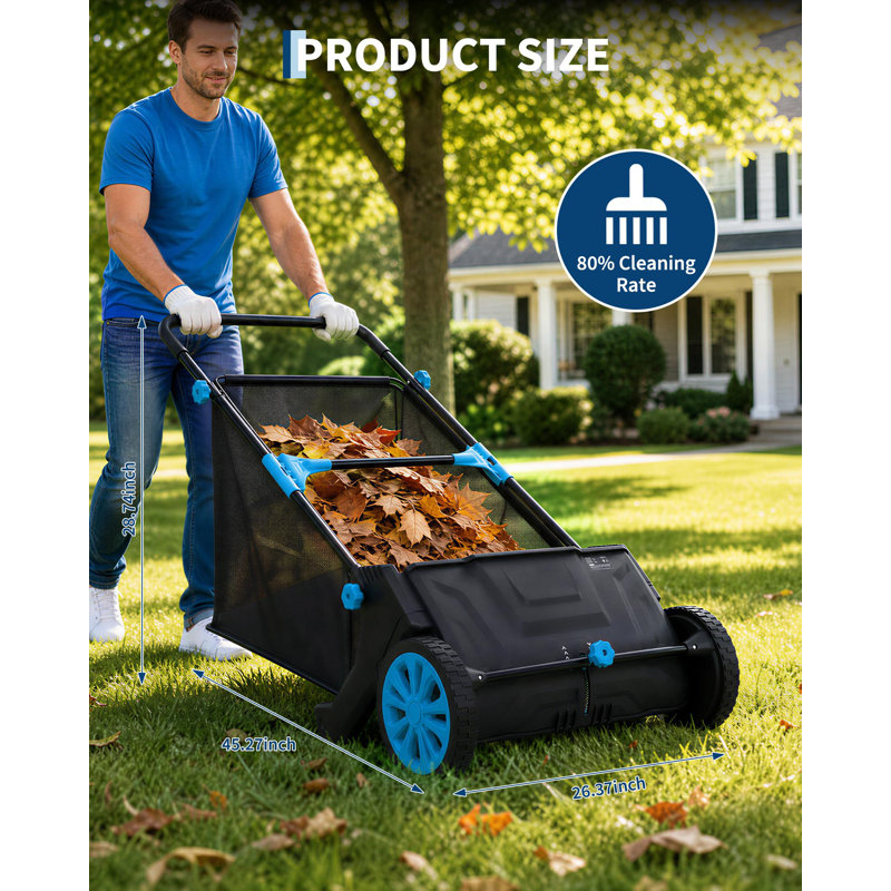 Balayeuse à gazon manuelle de 53 cm (21 po), ramassage des feuilles et de l'herbe, sac en filet de 99 litres (3,5 pi³), hauteur réglable, noir et bleu
