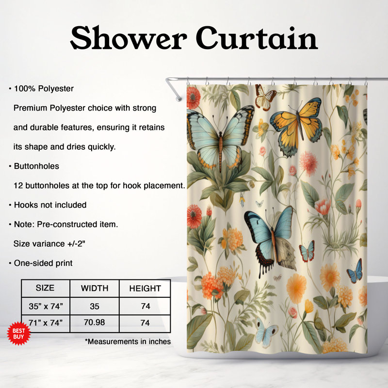 Rideau de douche Blooming Butterflies - Premium, H 74 po x l 71 po