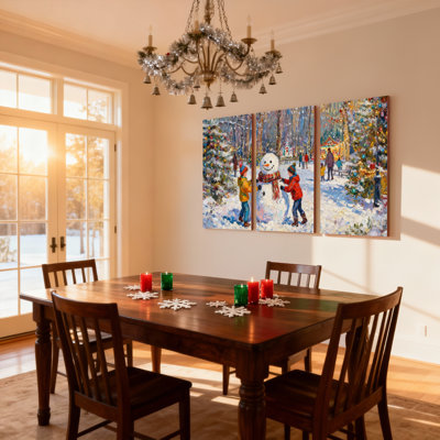 Scène d'hiver de Noël, bonhomme de neige, lumières de sapin de Noël, ensemble de 3 impressions sur toile