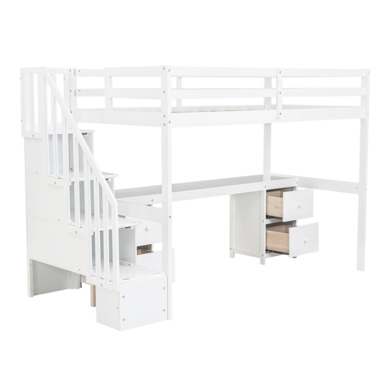 Structure de lit mezzanine simple avec bureau et tiroirs doubles en bois de pin massif blanc pour une chambre à coucher exquise
