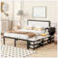 Lit plateforme en métal avec tablettes de rangement à deux niveaux, armoire de rangement en bois-714575106-737597083