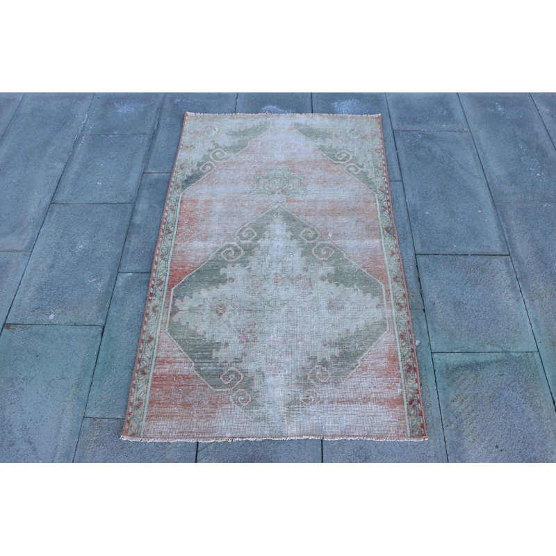 Vintage Turkish Anatolian Rug in Faded Green With Geometric Designs Ideal for Entryways