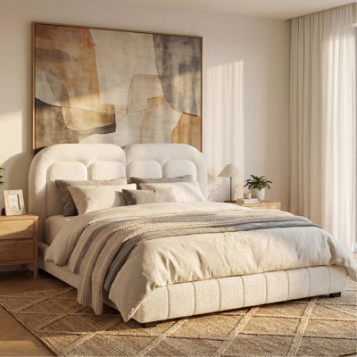 Queen Size Boucle Upholstered Platform Bed with Tufted Headboard.Noise-Free, 800lbs Support, Durable & Easy to Clean,White