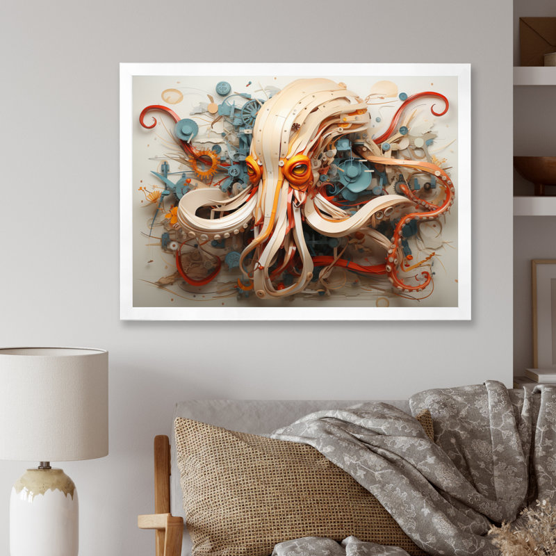 Calmar énigmatique céphalopode géométrique II - animaux, reproduction d'art sur toile, H 34 po x l 44 po, Cadre photo noir