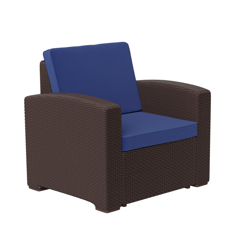 Alderman Faux Rattan Chair with All-Weather Cushion, Brown/Navy
