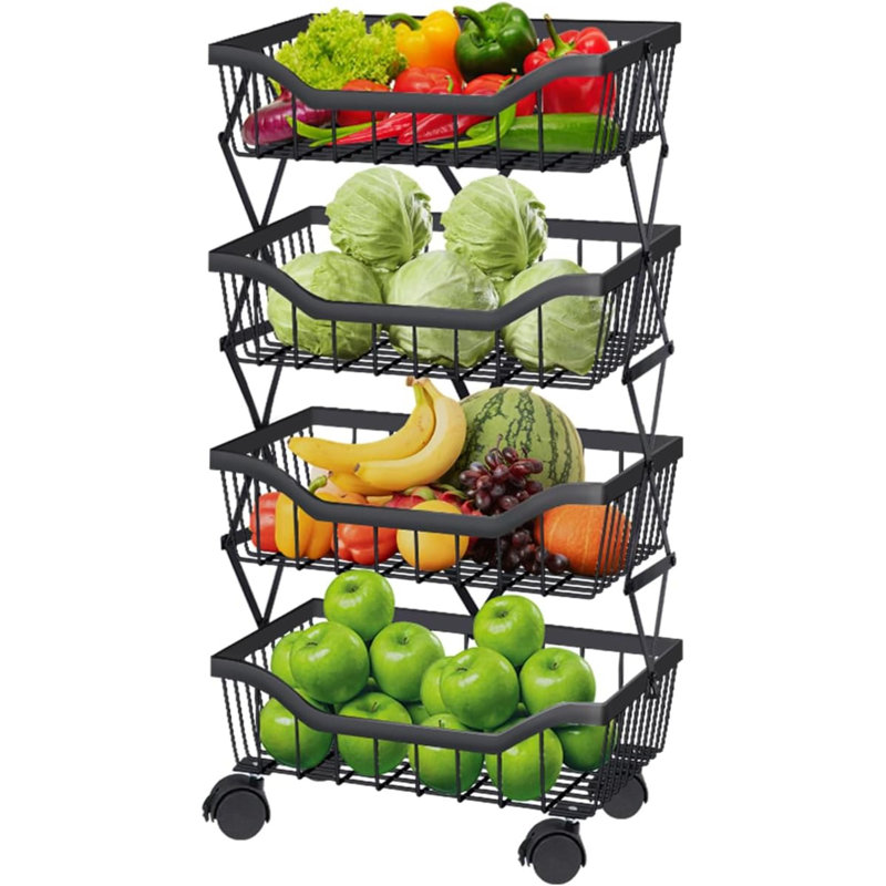 Fruit Basket For Kitchen 4 Tier Stackable Fruit Vegetable Storage Baskets With Wheels Metal Wire Storage Basket Organizer Cart For Kitchen Livingroom Diningroom Office