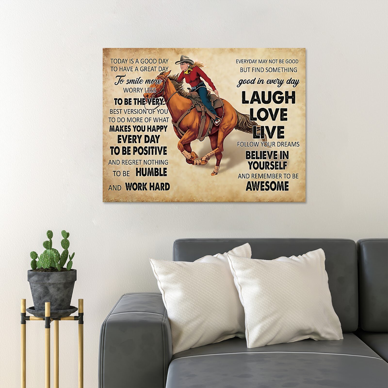 Cowgirl Riding Horse - Today Is A Good Day To Have A Great Day To Smile  More - 1 Piece Rectangle Graphic Art Print On Wrapped Canvas