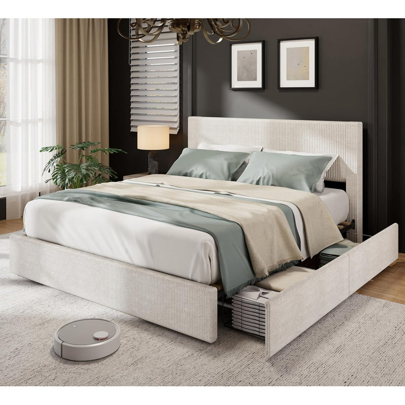 Full Size Upholstered Platform Bed Frame with Tall Tufted Wingback Headboard, Velvet Fabric, 4 Storage Drawers, Wooden Slats Support, No Box Spring Needed, White
