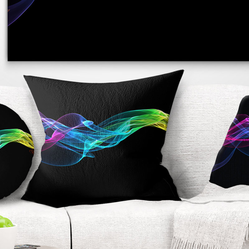 «Abstract Ribbon Waves» sur fond noir - coussin imprimé abstrait, 16 po x 1 po, Coussin décoratif