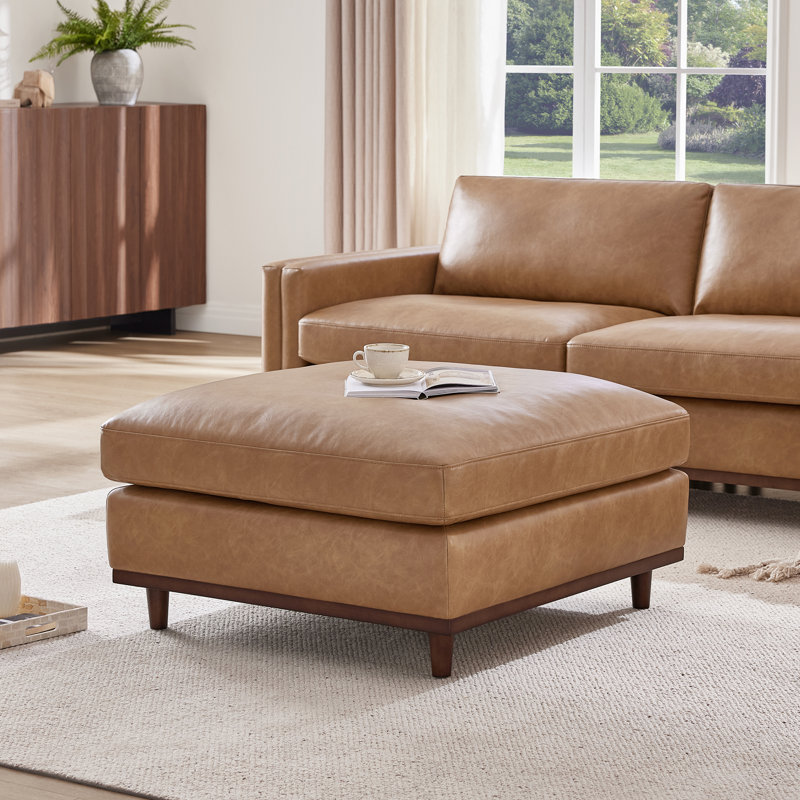 Laima 35"W Overstuffed Feather-Blend Faux Leather Ottoman With Solid Wood Legs