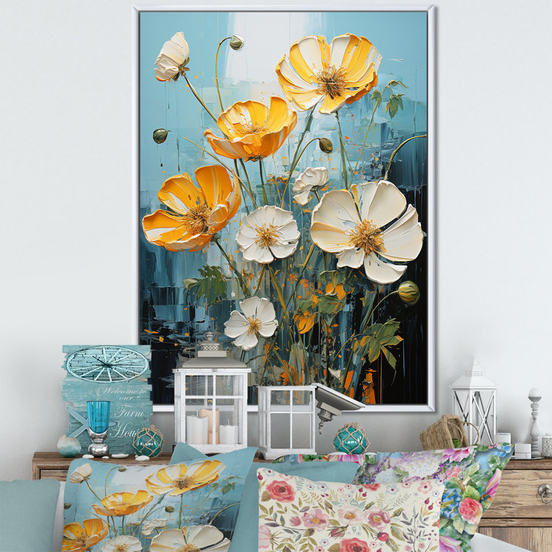 Bouton d'or jaune et blanc sur fond de néon ensoleillé sur toile, H 44 po x l 34 po, Cadre photo noir