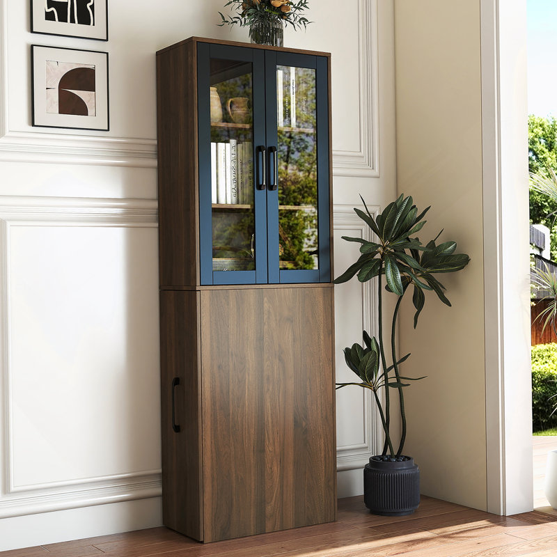 Armoire de rangement H 70,87 po, étagère de rangement coulissante multi-fonctions à 4 niveaux et 2 portes en verre, grande bibliothèque moderne en bois pour le bureau à domicile