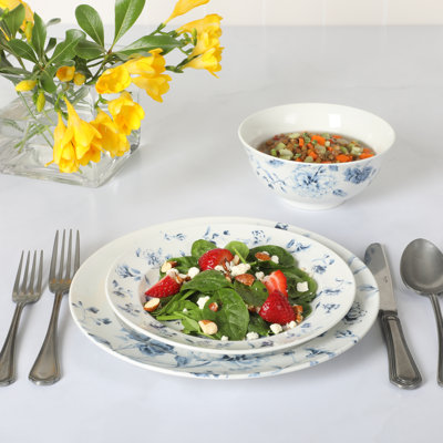 Martha Stewart Empress Bouquet 12 Piece Decorated Porcelain  Dinnerware Plates And Bowls Set - Blue Floral