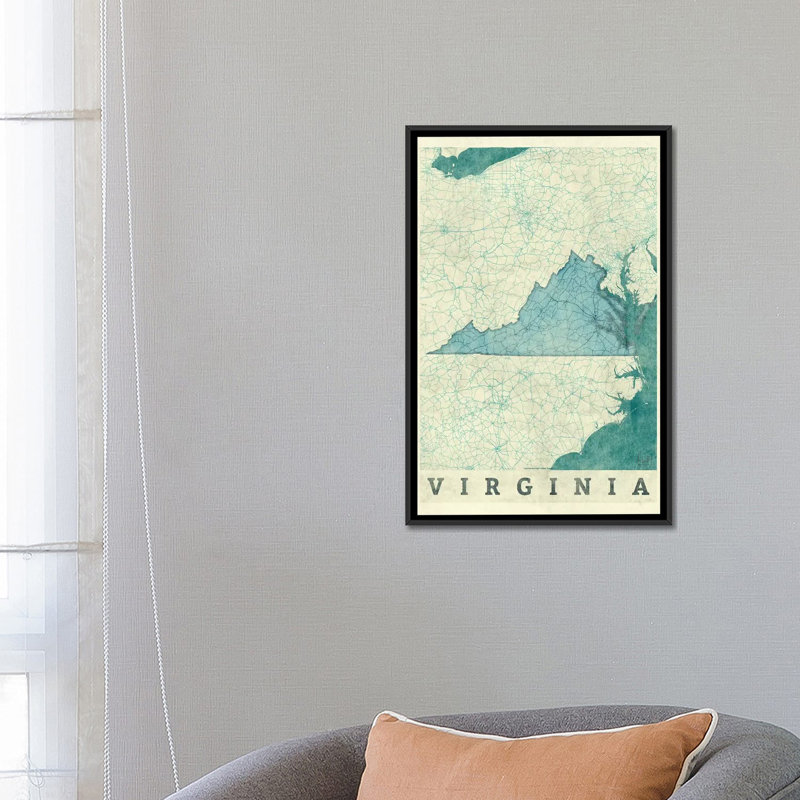 «Virginia Map», impression sur toile, H 26 po x l 18 po x P 1,5 po, Toile avec cadre noir, Pas de tapis