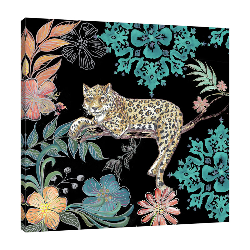 Boho Leopard Lounging With Wild Flowers - Impression sur toile tendue, H 48 po x l 48 po x P 1,5 po