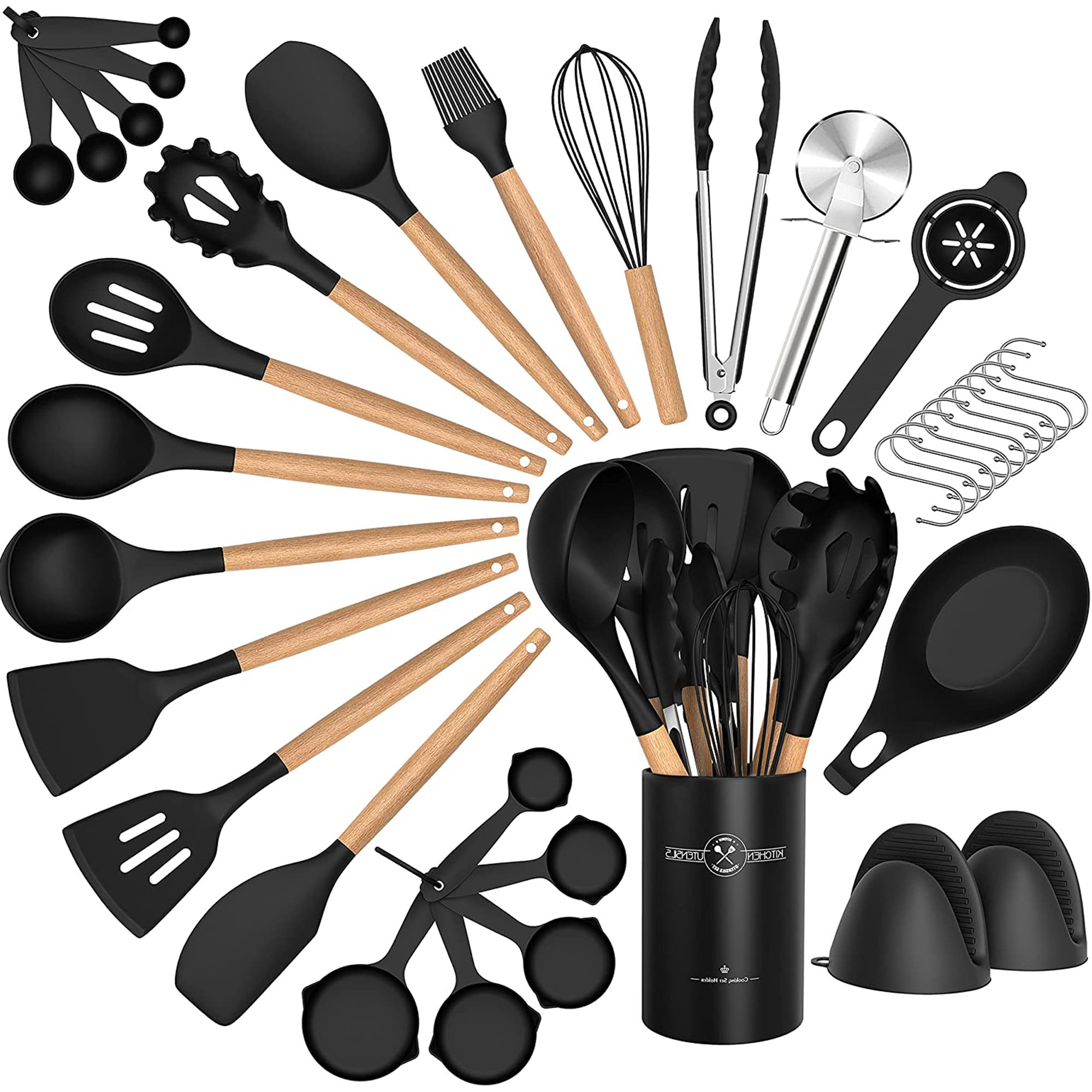 12PCS Kitchen Utensil Set Black, Silicone Cooking Utensils Set Non Toxic Non  Stick Heat Resistant, Wooden Handles Cooking Tool, Silicone Kitchen Gadgets  Utensil, Kitchen Accessories