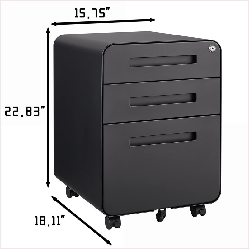 File Cabinet 3 Drawer Mobile Under Desk - Lockable Anti-Tilting, Fits Legal/Letter/A4 Files | Black | Metal, Black