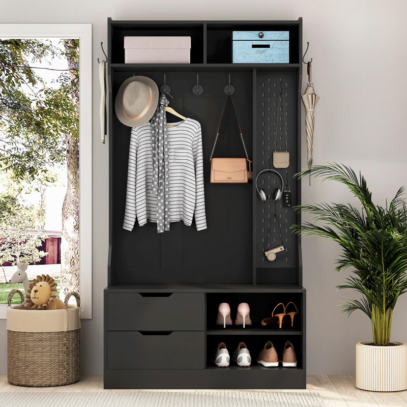 Black Hall Tree With 6 Coat Hooks, Entryway Storage Bench & Shoe Rack, Multifunctional Organizer For Hallway & Entrance