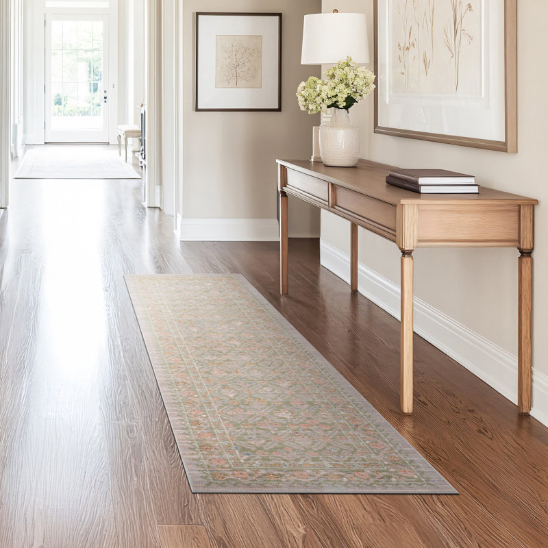 Camilla Traditional Oriental Sage Polyester Runner Rug, 2'3'' x 7'7'', Runner 2'3" x 7'7"