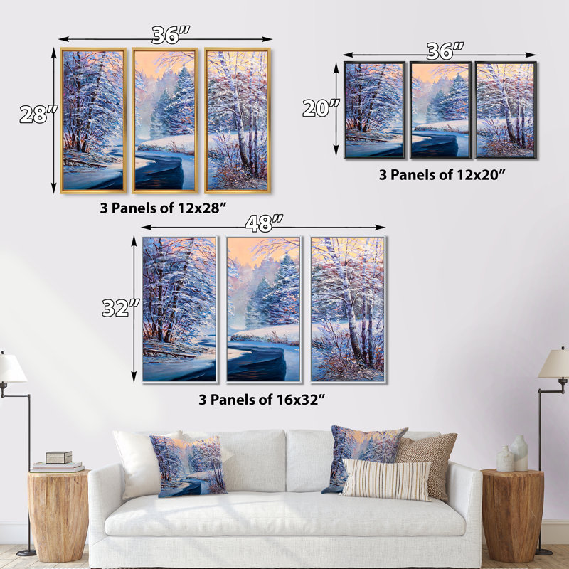 «Pastel Christmas Forest With River», peinture sur toile 3 pièces, H 20 po x l 36 po, Blanc