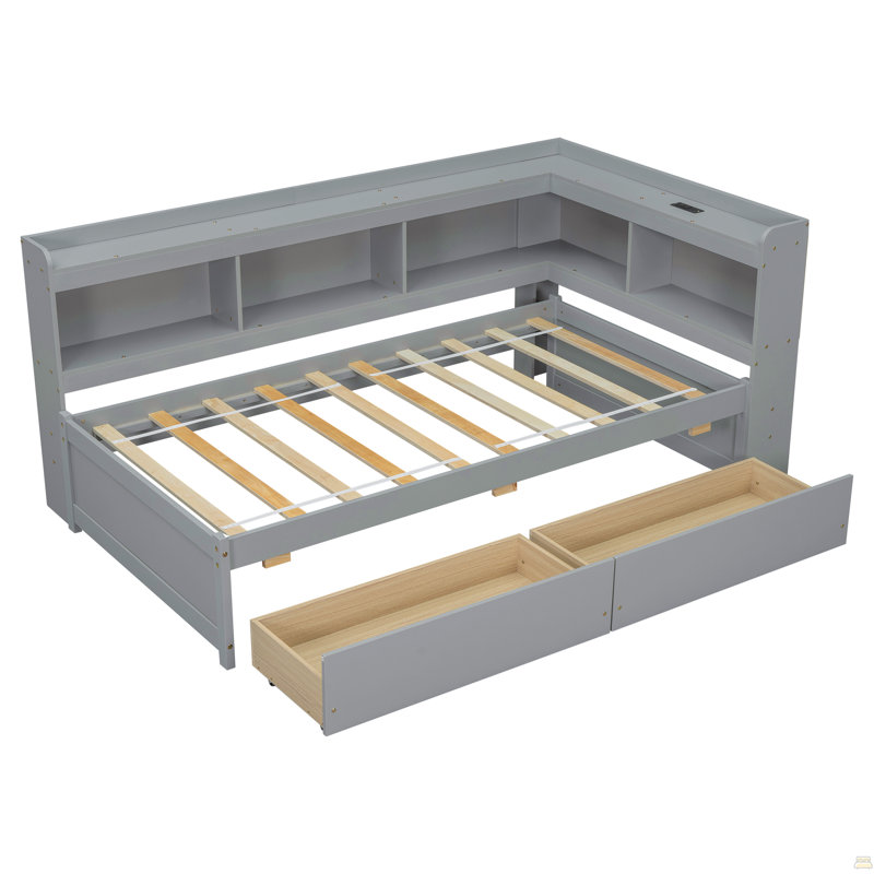 Twin Size L-Shaped Bookcases Bed With Power Outlets, USB Charging Ports,Two Drawers, Gray, Twin
