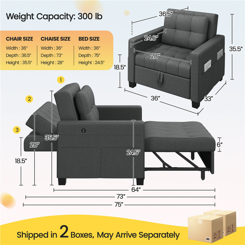 3-in-1 Convertible Sleeper Chair Bed with 2 USB Ports