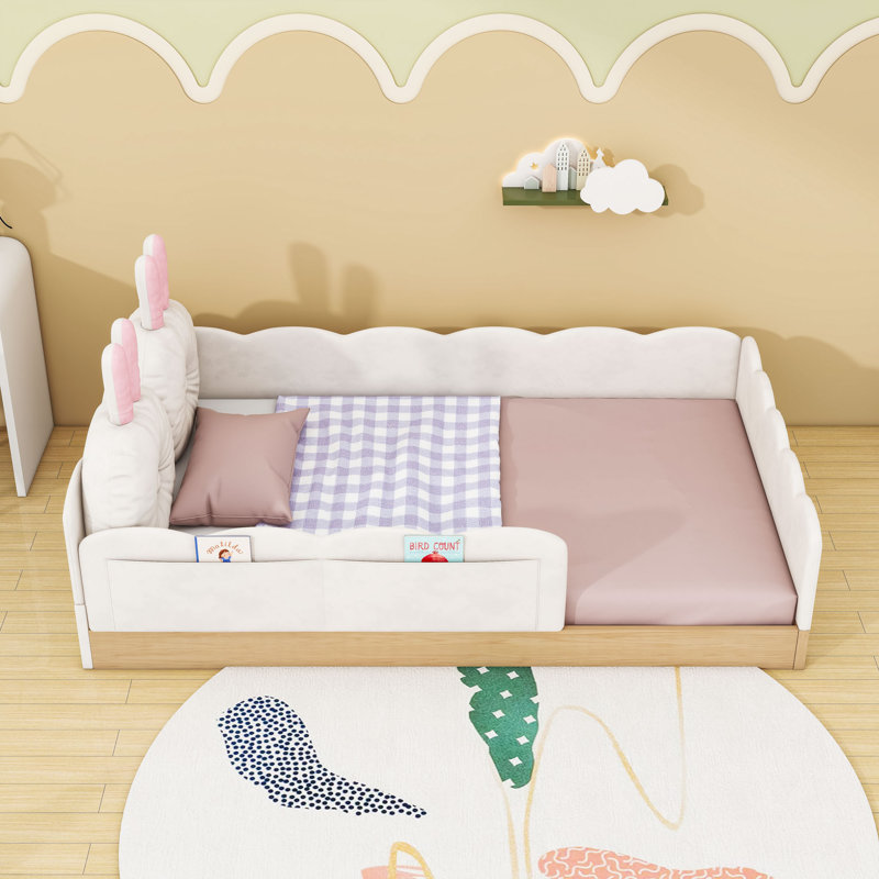 Lit plateforme simple tapissier avec coussins et lattes, Beige