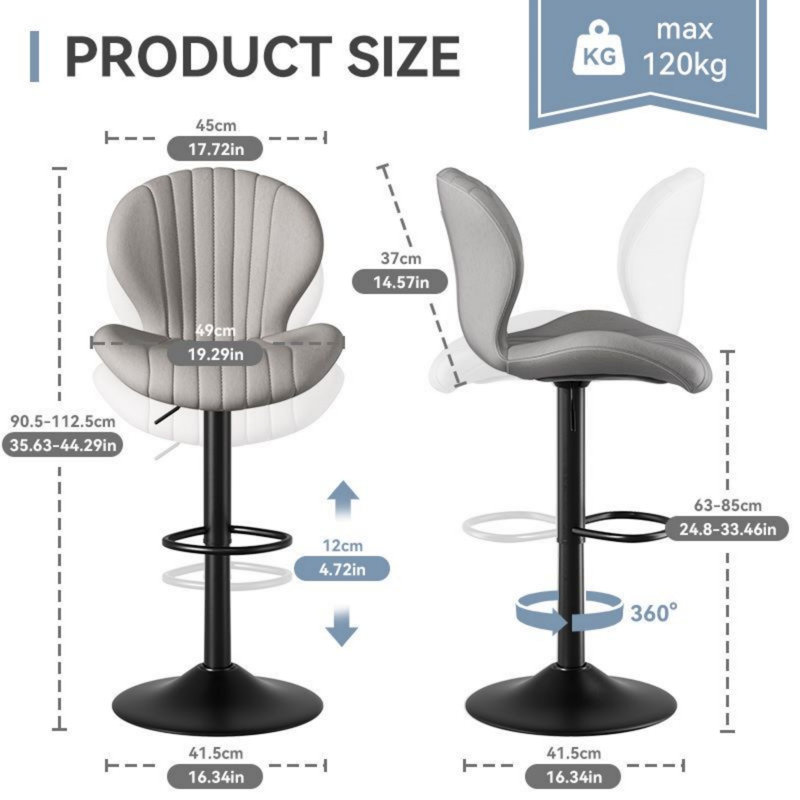 Luise Adjustable Height Swivel Bar Stools With Back And Footrest, Grey, 2