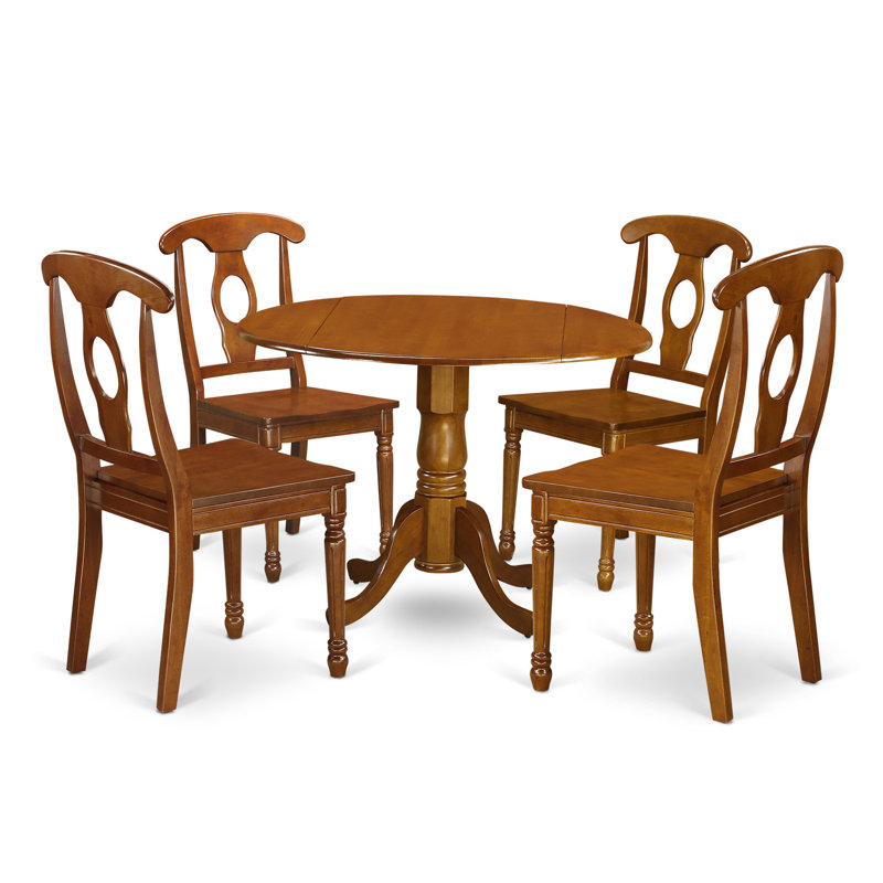 5 Piece Dining Set Includes a Round Dining Room Table with Dropleaf and 4 Wood Seat Chairs, 42x42 Inch, Saddle Brown