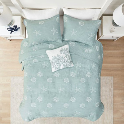 Courtepointe très grand / très grand lit. 4 pièces en coton réversible avec broderie. Remplir. Prélavé. Lavable à la machine. Tranquillité en bord de mer. Étoile de mer et motifs Beachy Vibes. Décor