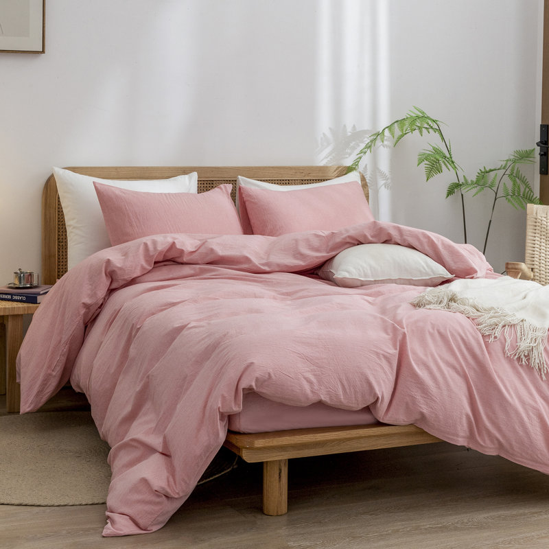 BESTOUCH Duvet Cover Set 100% Washed Cotton Linen Feel Lightweight, Red Pink, King Duvet Cover + 2 King Pillowcases