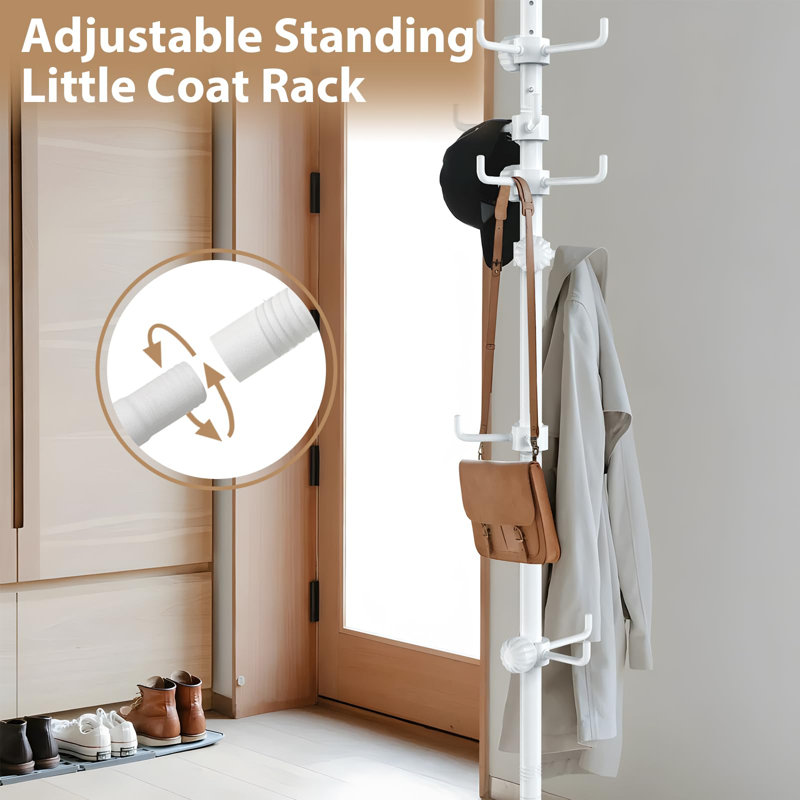 Coat Rack Freestanding, Adjustable Tension Rod Coat Tree with 12 Hooks for Hanging Plant,Coat, Jacket, Hat, Scarf, Suitable for Living Room, Balcony, Kitchen, (White)