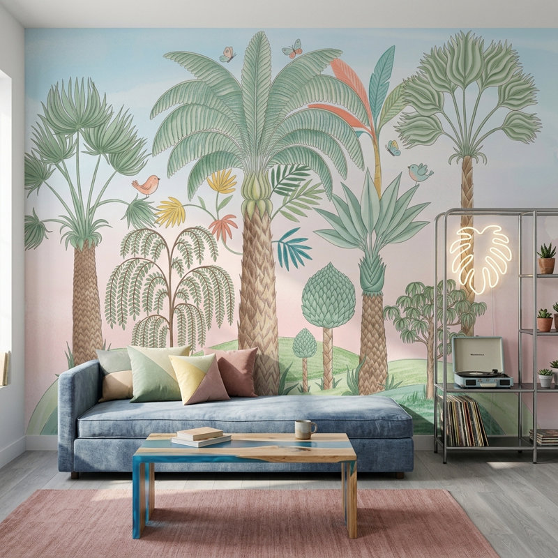 Papier peint paysage tropical avec palmiers, 100 po x 96 po, Non tissé