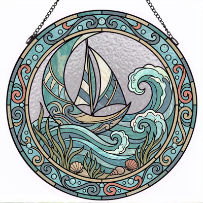 Sailboat Waves Stained Glass Window Panel，7.8H