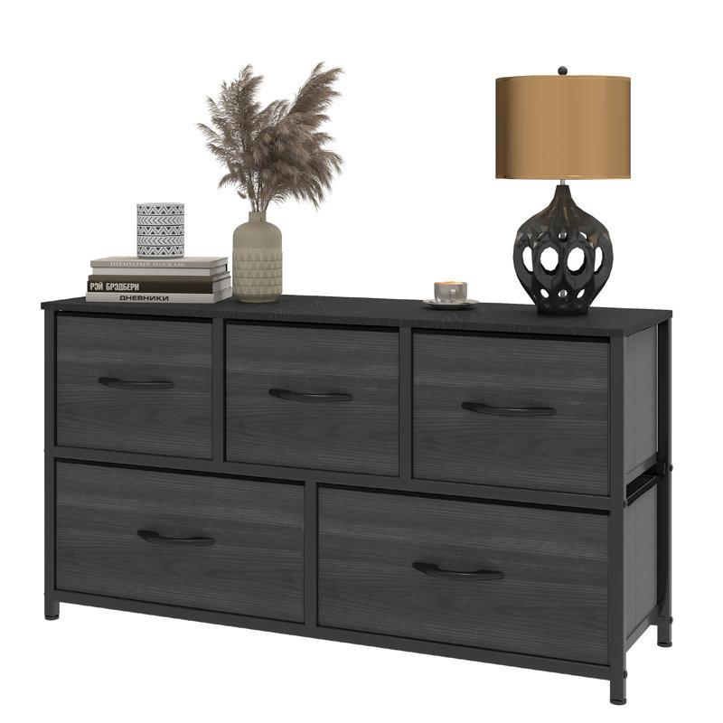 Kathiria 39.4"W 5 Drawer Small Dresser, Black Wood
