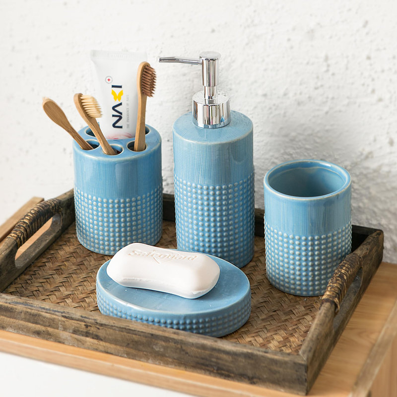 Ensemble d'accessoires de salle de bain - Ensemble d'accessoires de salle de bain en céramique bleue 4 pièces avec distributeur de savon liquide ou de lotion, porte-brosse à dents, gobelet et porte-savon - Décoration moderne à pois ronds