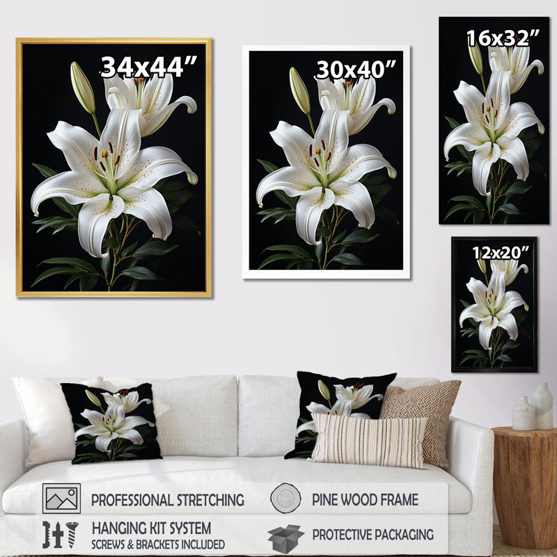 «Black White Lily Exquis II» - lys, impressions sur toile, Cadre simple noir, H 20 po x l 12 po x P 1 po