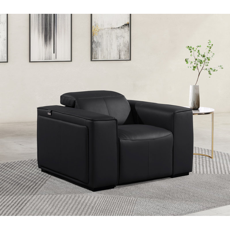 Top Grain Italian Leather Power Reclining Arm Chair with Power Headrests, Black Genuine Leather