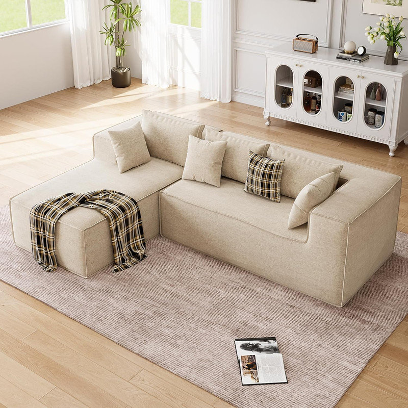 Canapé modulaire en forme de L Boneless, canapé en chenille à assise profonde pour salon, Chenille beige