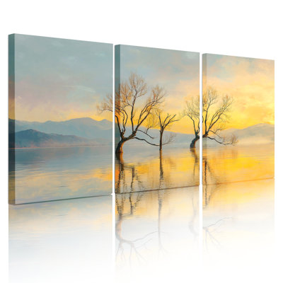 Sunset Lake Trees Reflection Canvas Wrapped Wall Art, Oil Painting Print (Set of 3)