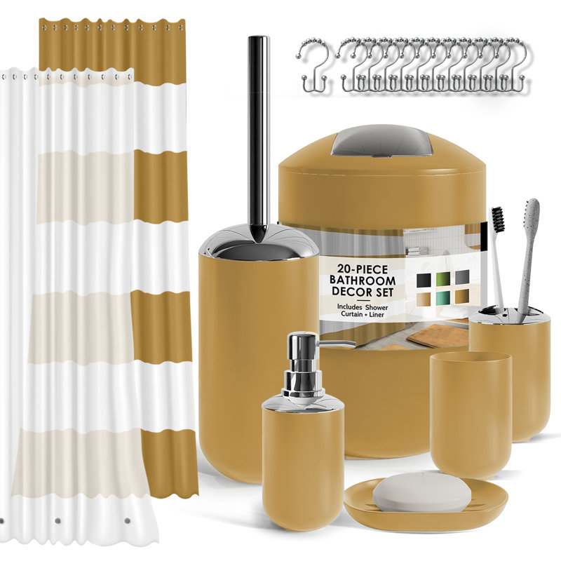 Ensemble complet d'accessoires de salle de bain 20 pièces avec rideau de douche, doublure et crochets Clara Clark, Or chameau