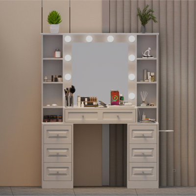 Vanity Desk with with Mirror and Lights,Makeup Vanity Table wwith Lighted Mirror & Charging Station,  Vanity Desk Dresser