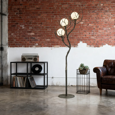 Modern Tree Branch Floor Lamp With 3 Moon Lights, Wood Grain Resin & Metal Base For Farmhouse, Bedroom, Living Room And Office Decor