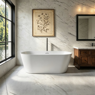 MonBlari 67" X 29.5" Acrylic Freestanding White Soaking Bathtub with Overflow and Pop-up Drain For Bathroom