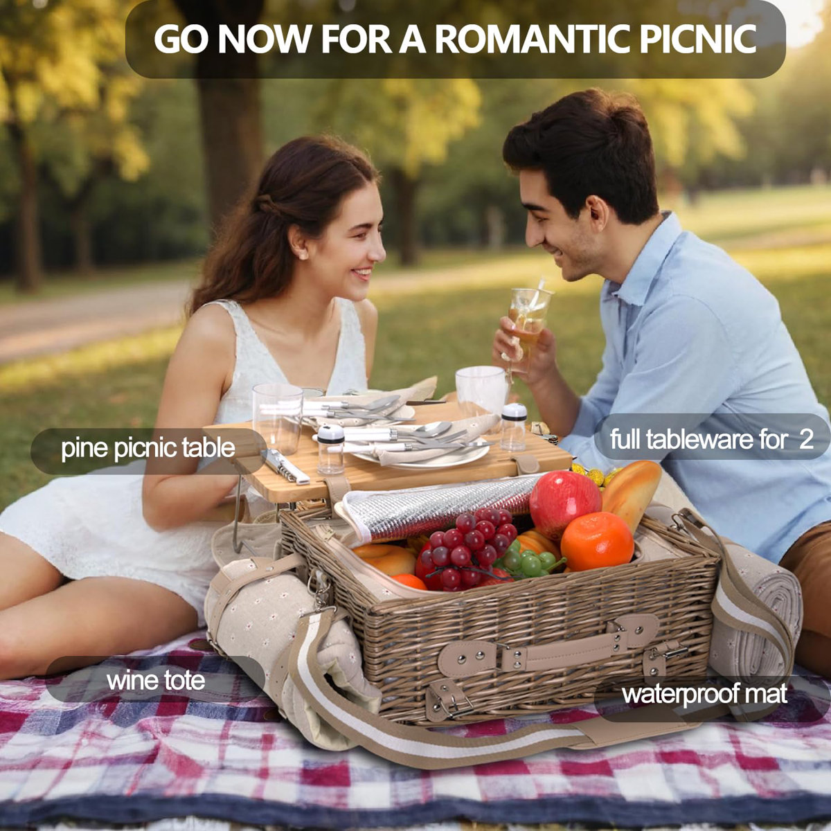 ColorLife Mutifunctional Wicker Picnic Basket Set For 2 With Blanket And Picnic Table Insulated Picnic Set With Full Tablewares For Camping Outdoor Couples Valentine Thanks Giving Birthday Flowers Cljr4309