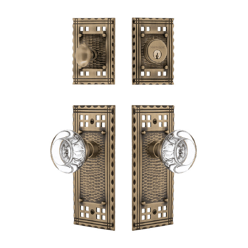 Ensemble d'entrée Nostalgic Warehouse Craftsman avec poignée ronde en cristal transparent, Laiton antique, 2.375