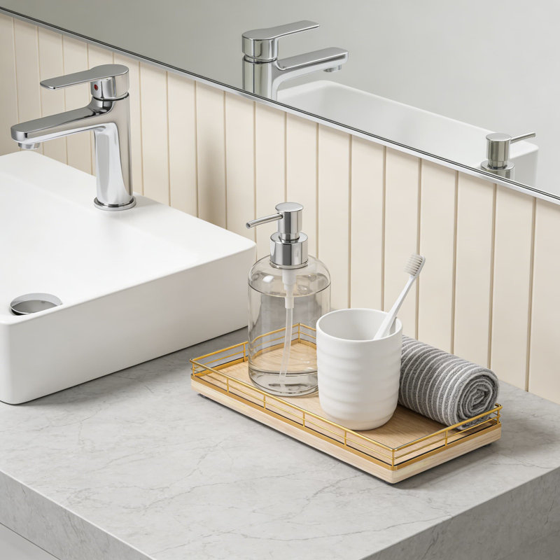 Wood Bathroom Vanity Tray With Iron Frame, Decorative Countertop Organizer For Soap, Perfume, And Bathroom Essentials, Moisture-Resistant And Non-Slip