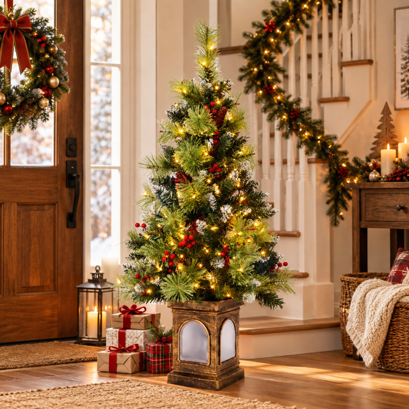 Sapin de Noël artificiel vert / blanc 4 pi avec 100 lumières blanc chaud et base de lanterne (ensemble de 2)