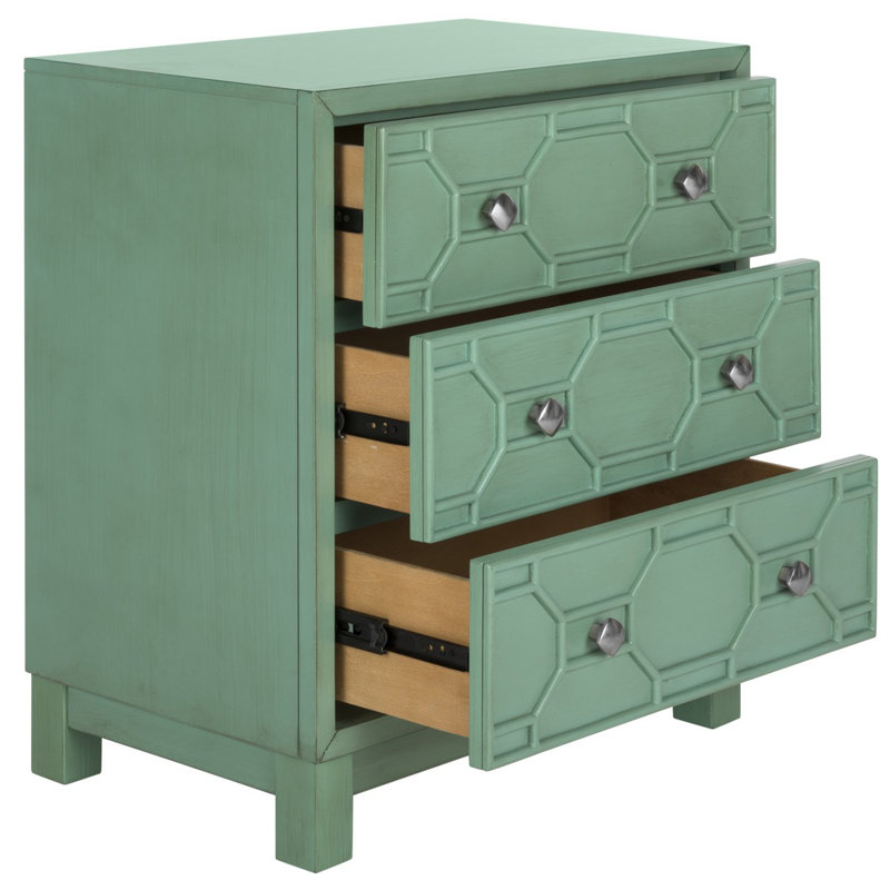 Modern Turquoise 3 Drawer Nightstand – Solid wood Bedroom Chest with Raised Geometric Pattern Design
